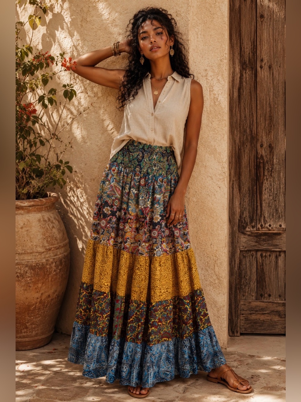 Bohemian Tiered Maxi Skirt in Mustard, Blue & Green